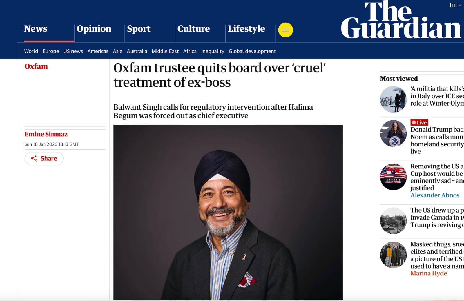 OXFAM TRUSTEE QUITS BOARD OVER 'CRUEL TREATMENT OF EX-BOSS," Guardian, Jan 2026