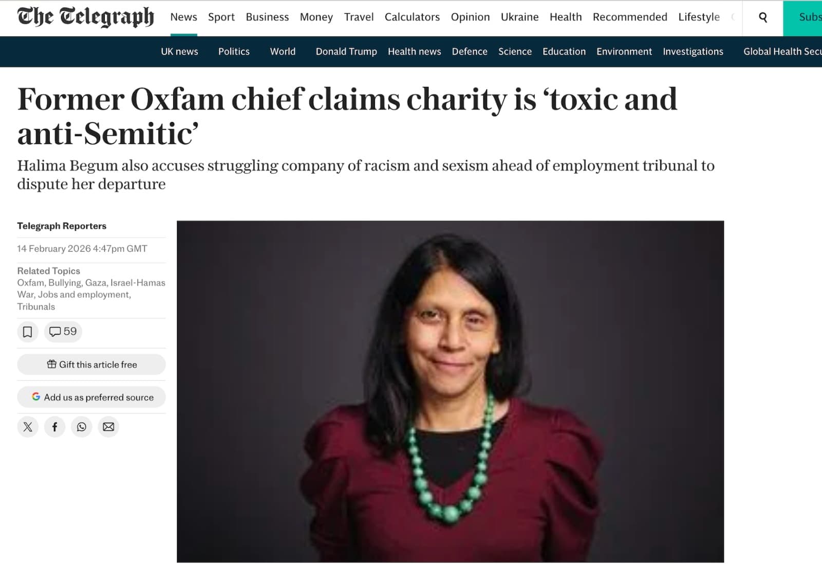 FORMER OXFAM CHIEF CLAIMS CHARITY IS "TOXIC AND ANTISEMITIC," Telegraph, Feb 2026